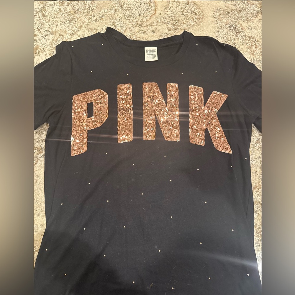 PINK Victoria's Secret Black Tee with Gold Sequin Logo